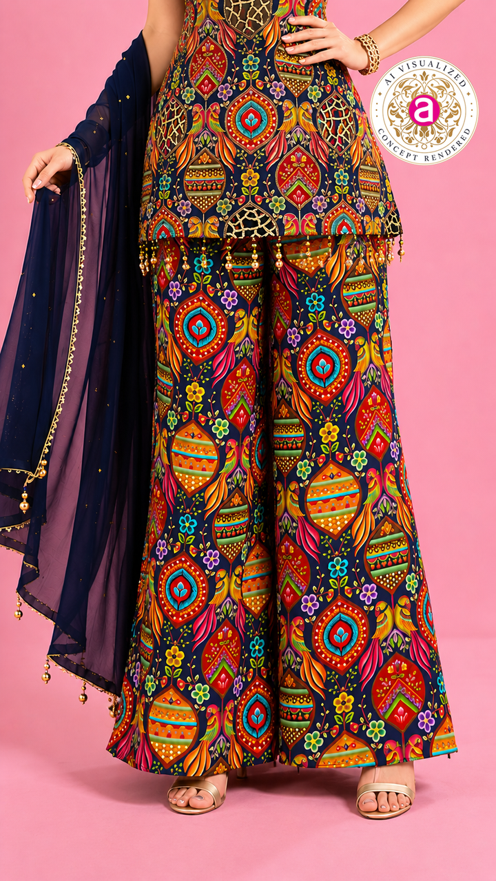 Multicolor Printed Indo-Western Pant Set with Dupatta