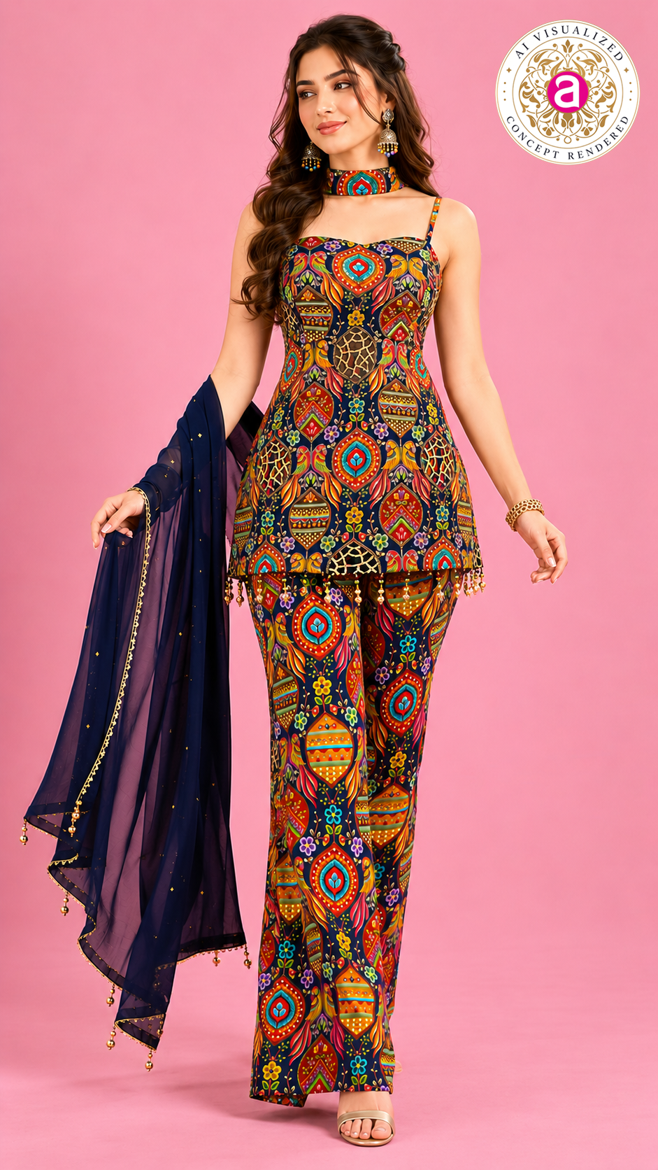 Multicolor Printed Indo-Western Pant Set with Dupatta
