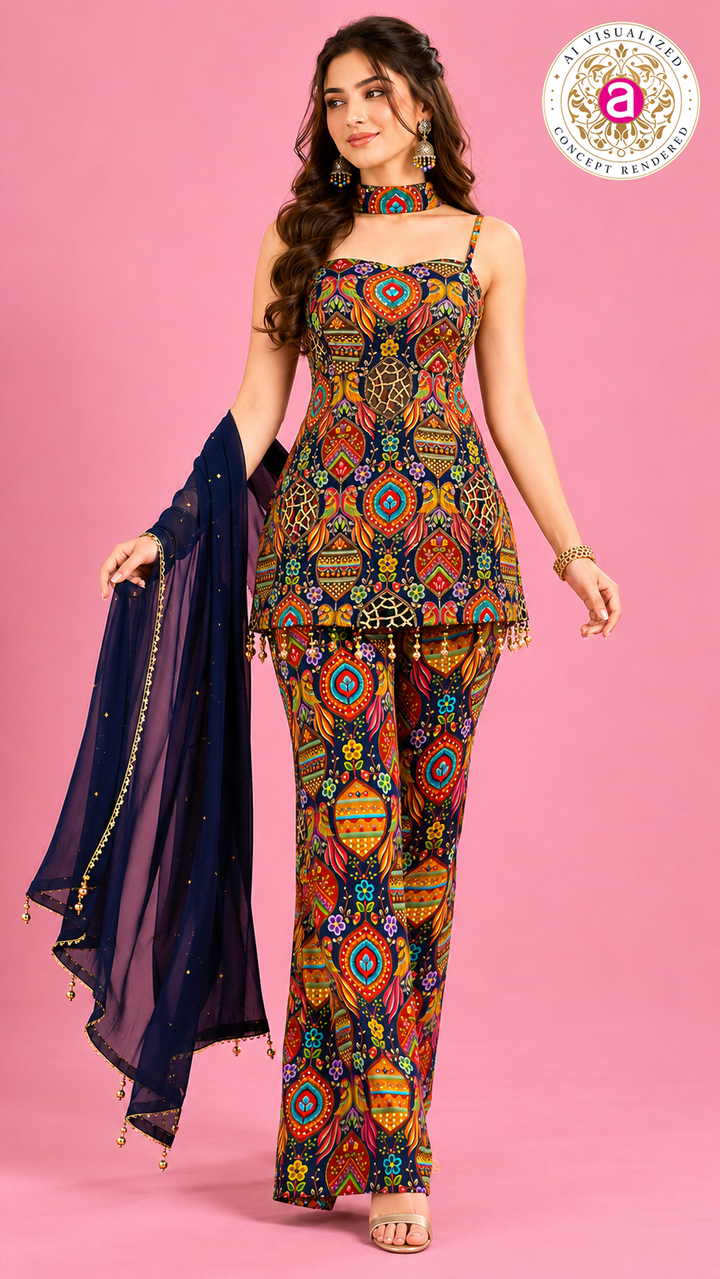 Multicolor Printed Indo-Western Pant Set with Dupatta