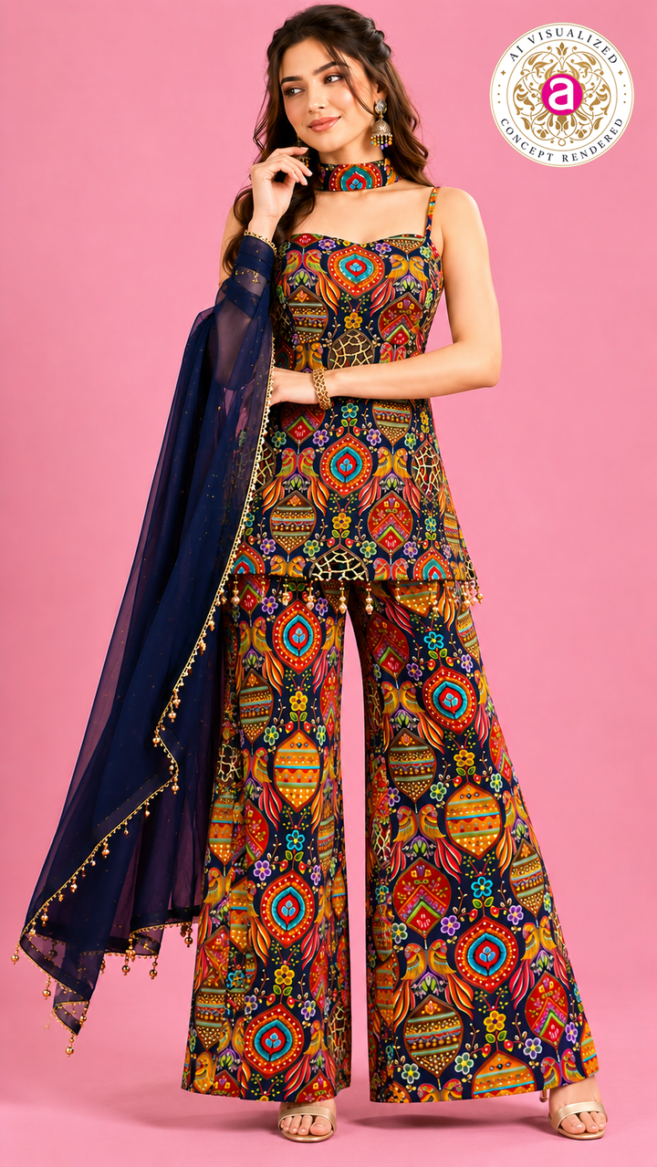 Multicolor Printed Indo-Western Pant Set with Dupatta