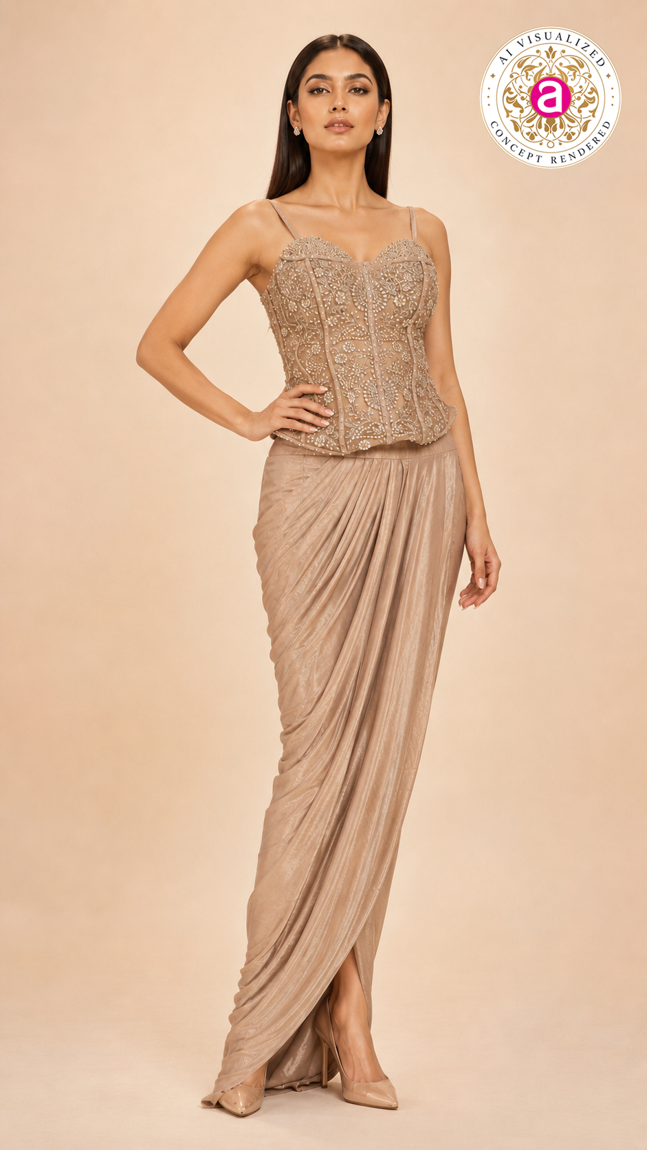 Embellished Corset Top with Draped Skirt Set