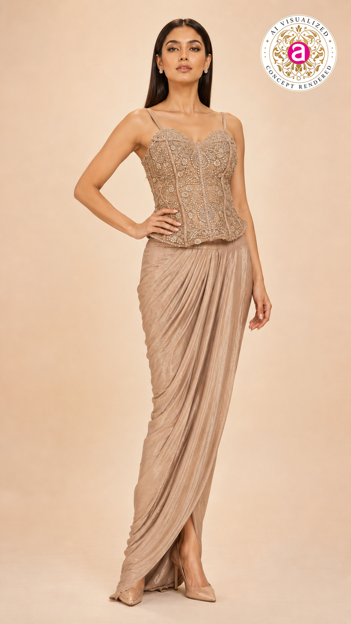 Embellished Corset Top with Draped Skirt Set