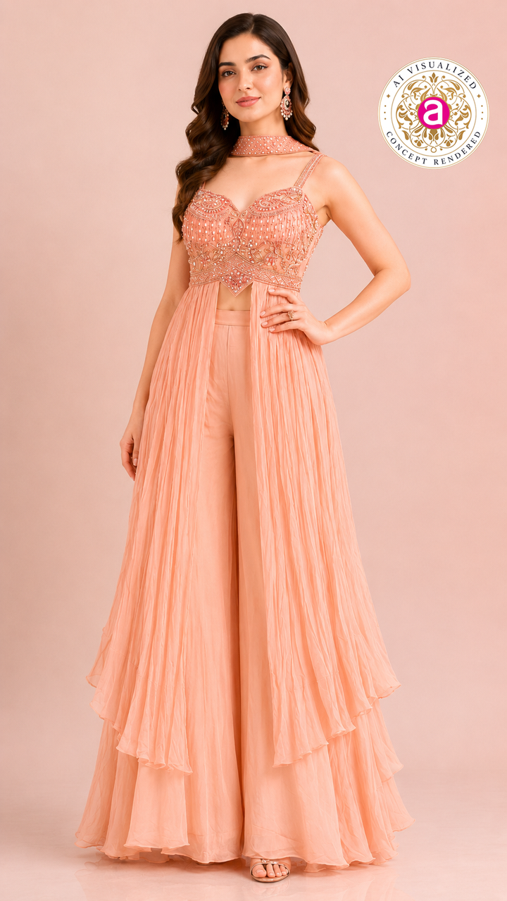 Peach Embellished Palazzo Set with Layered Cape