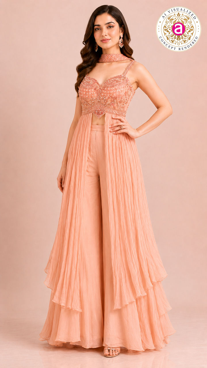 Peach Embellished Palazzo Set with Layered Cape