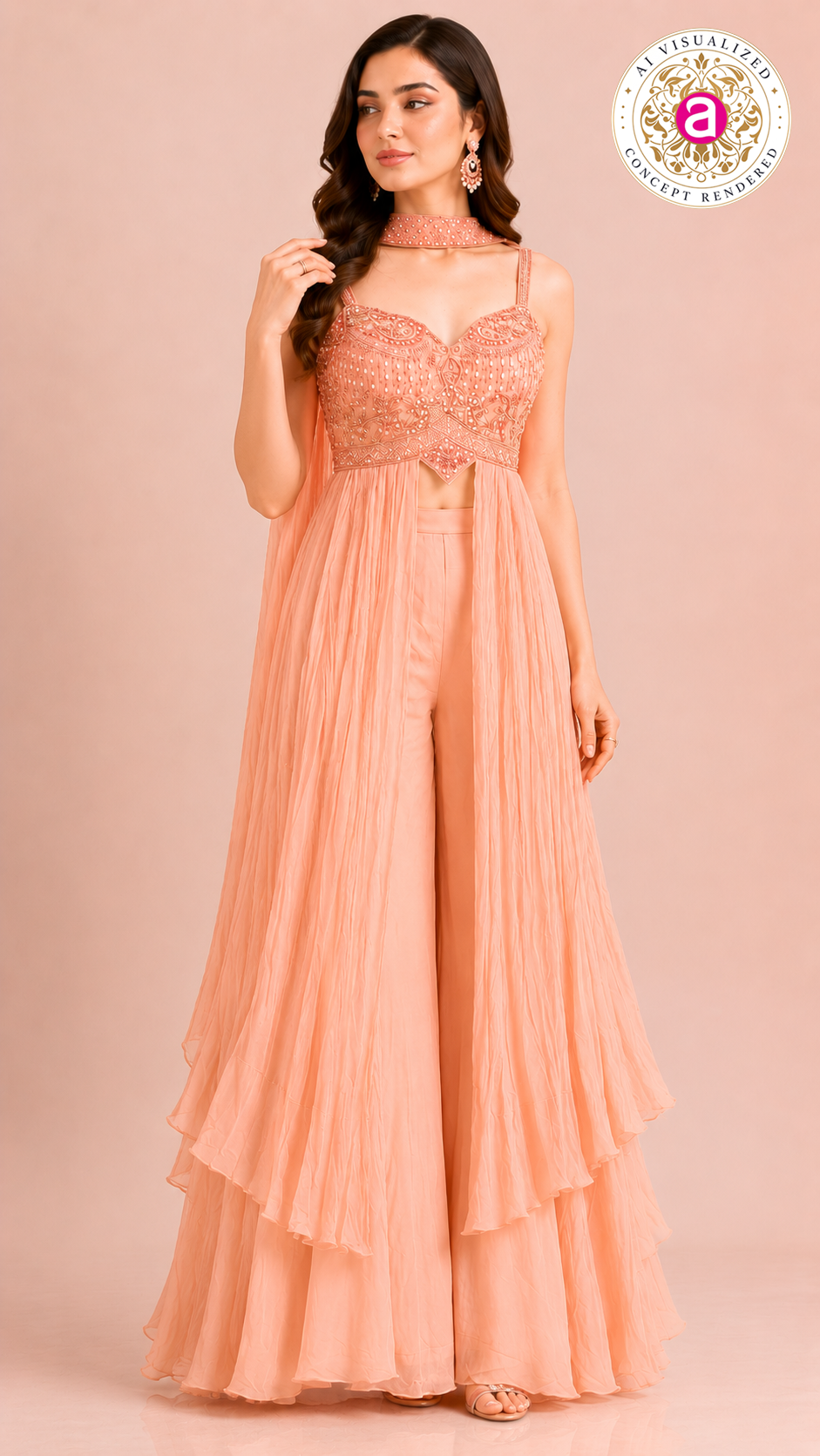 Peach Embellished Palazzo Set with Layered Cape