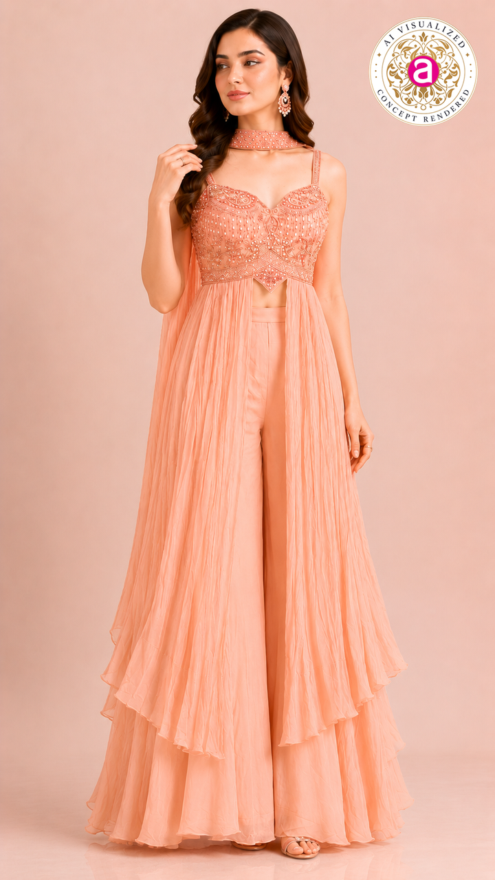 Peach Embellished Palazzo Set with Layered Cape