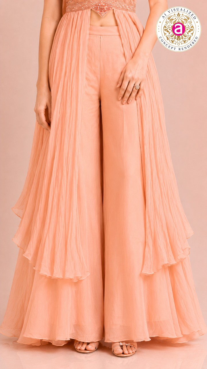 Peach Embellished Palazzo Set with Layered Cape