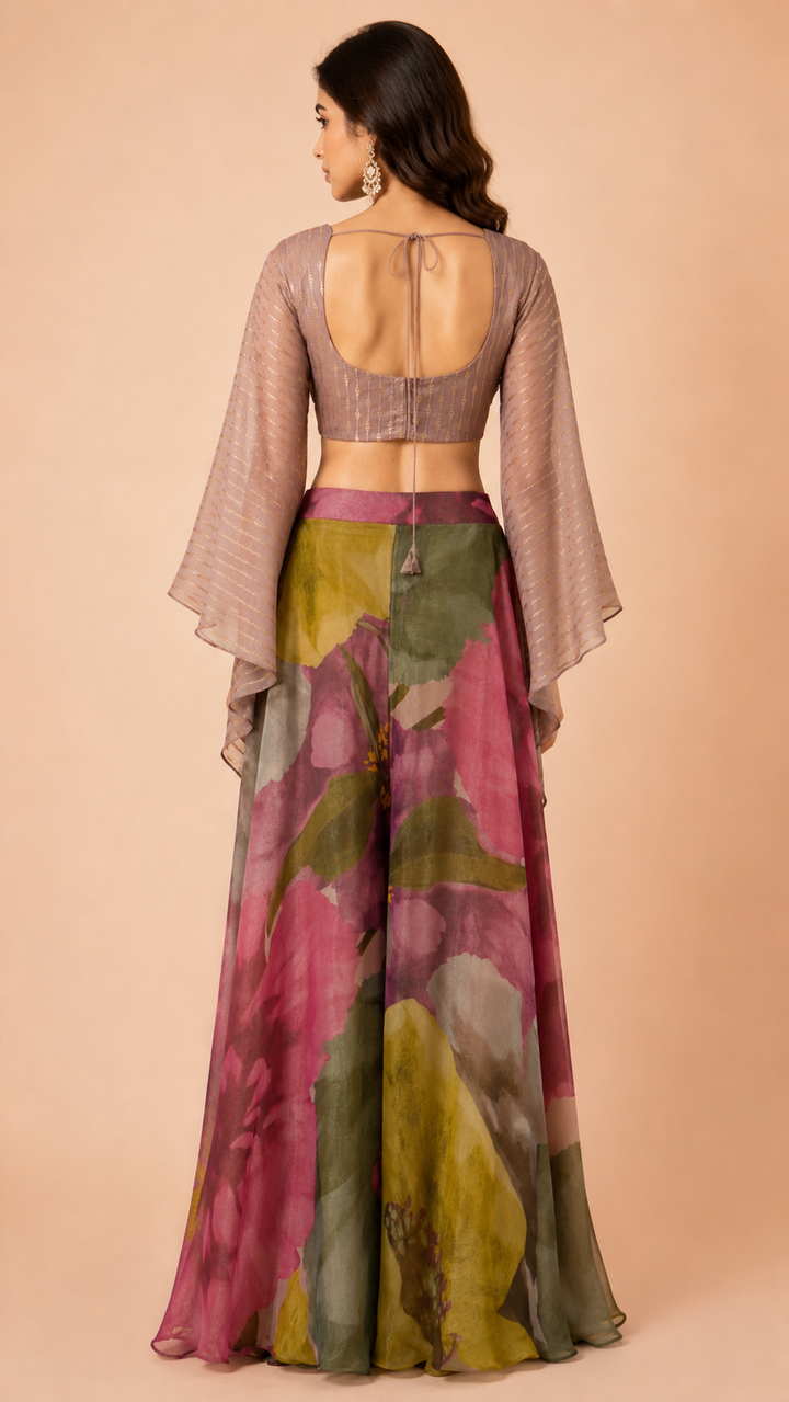 Floral Printed Palazzo Set with Embellished Crop Top