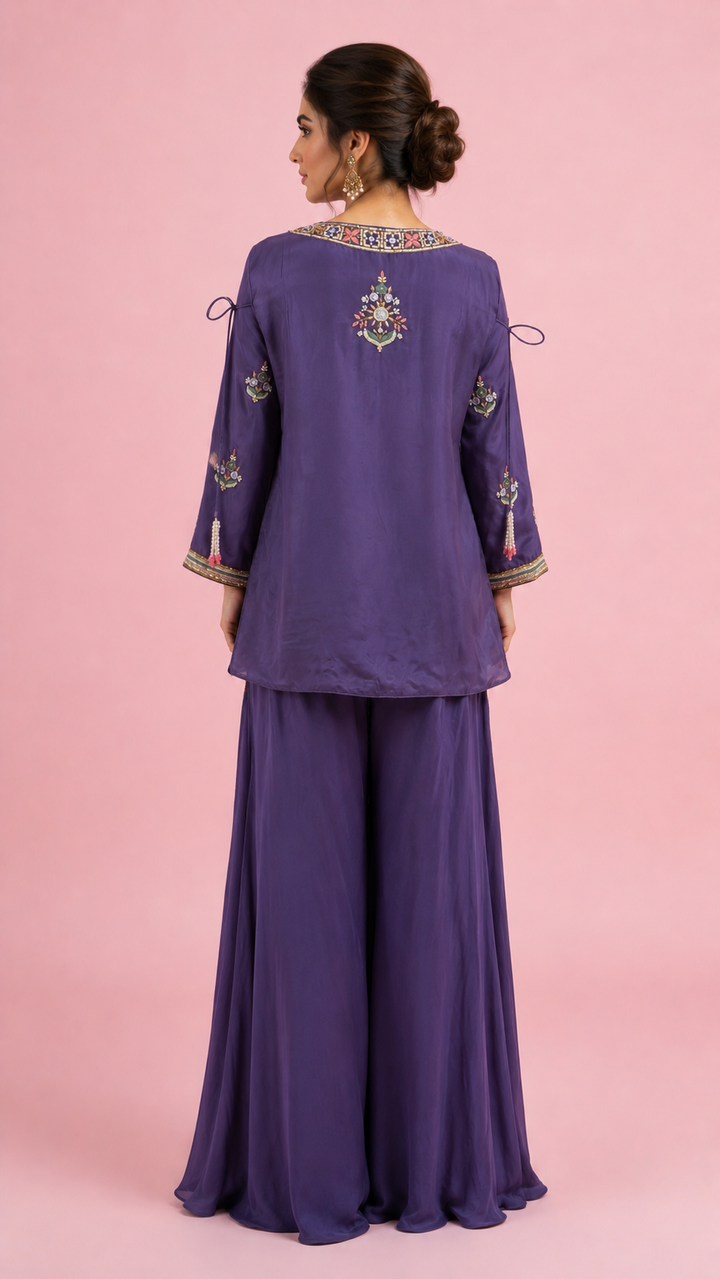 Embroidered Purple Palazzo Suit Set with Floral Handwork