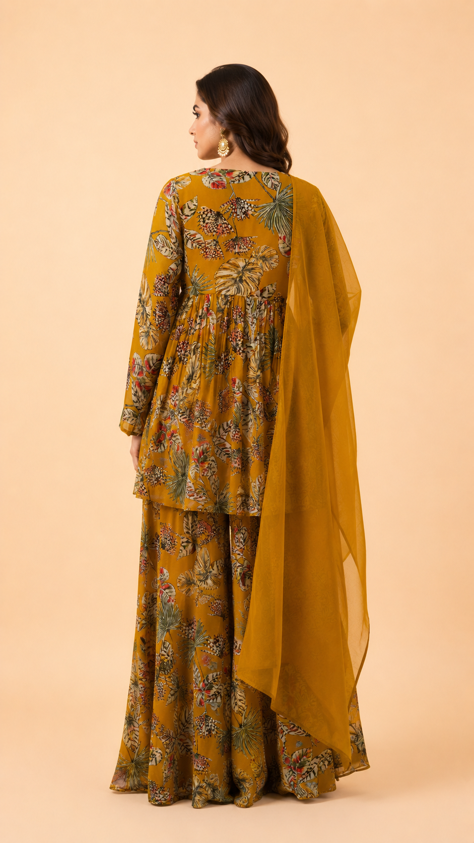 Mustard Floral Printed Palazzo with Peplum Set