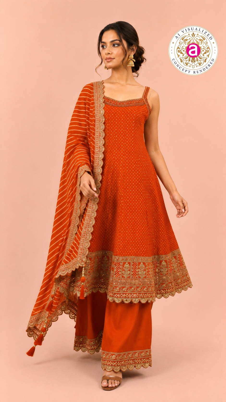 Orange Gotta Patti Work Kurta Palazzo Set with Leheriya Dupatta