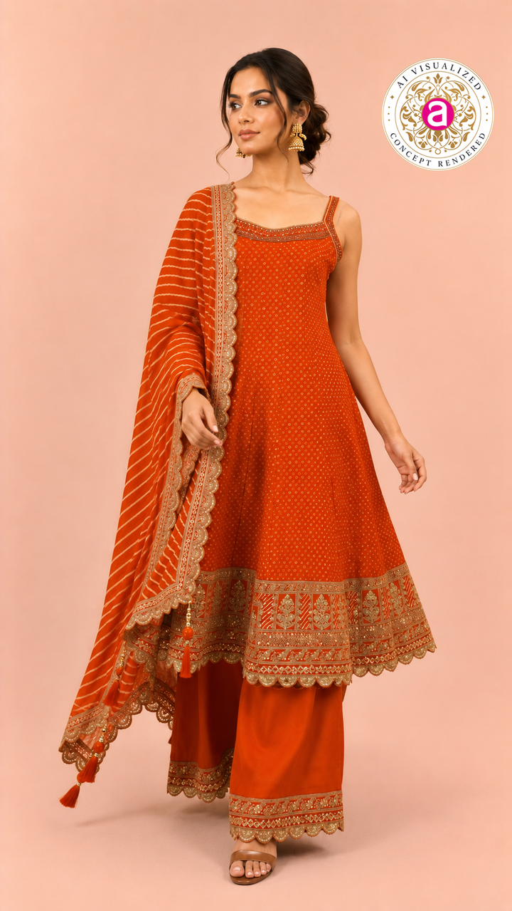 Orange Gotta Patti Work Kurta Palazzo Set with Leheriya Dupatta