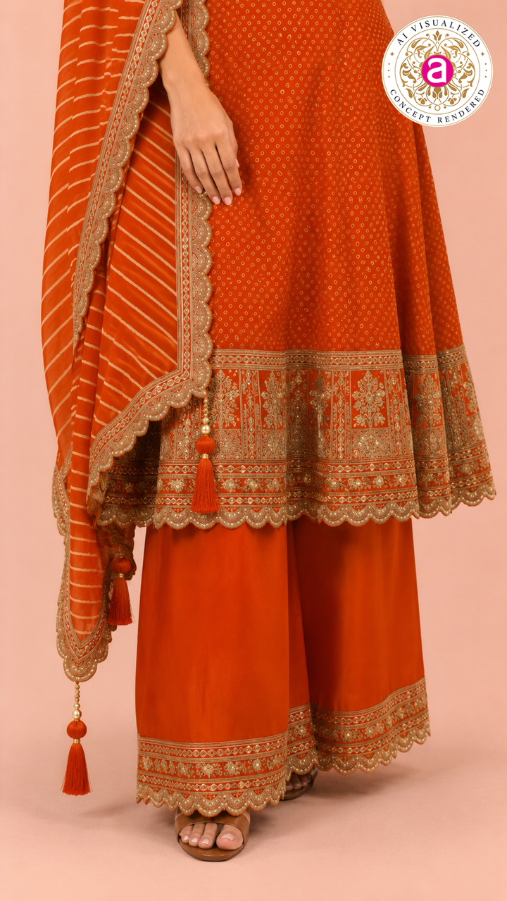 Orange Gotta Patti Work Kurta Palazzo Set with Leheriya Dupatta