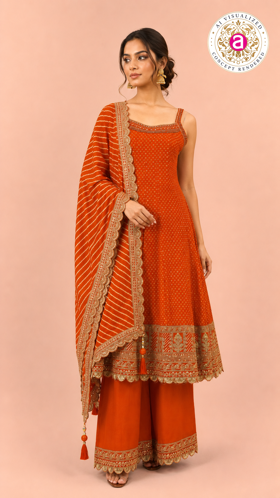 Orange Gotta Patti Work Kurta Palazzo Set with Leheriya Dupatta