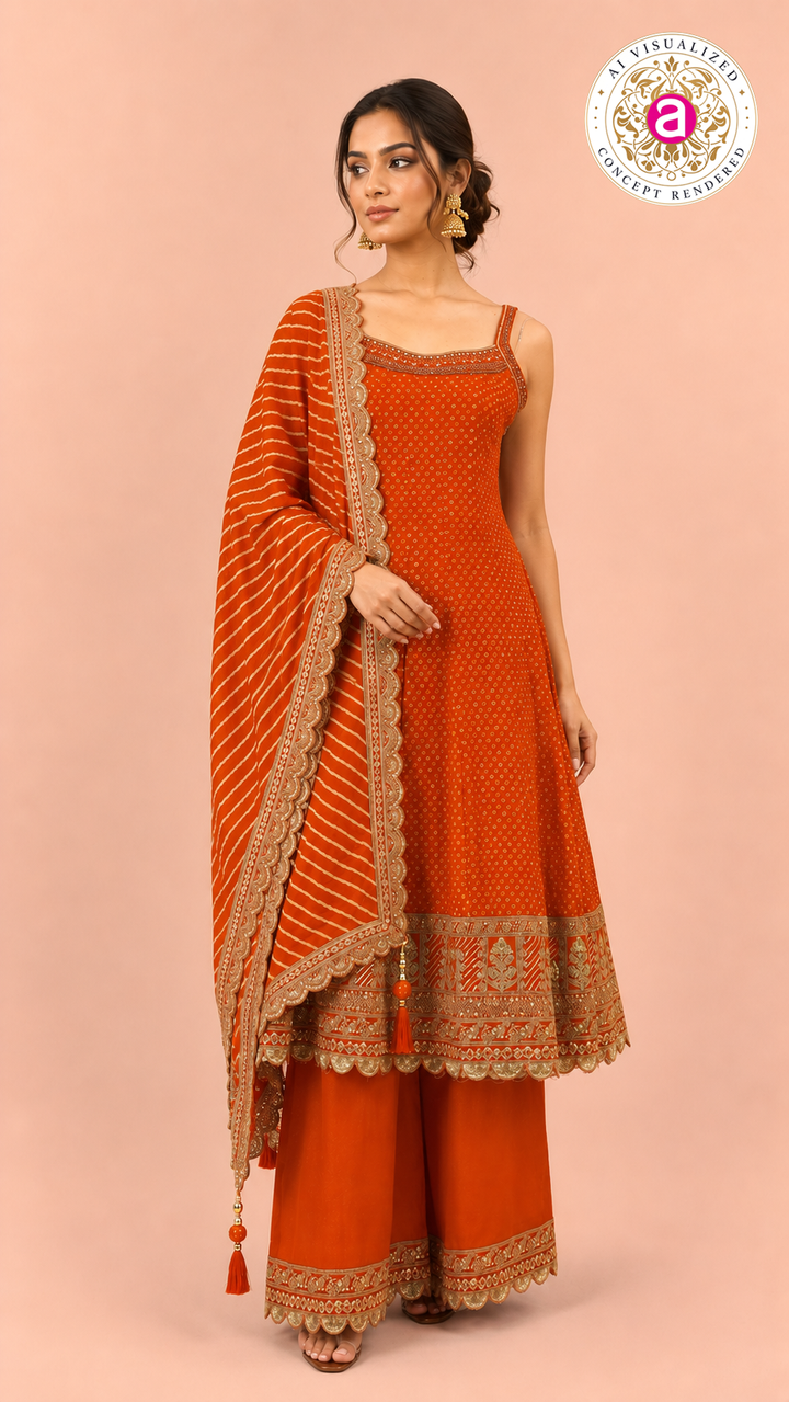 Orange Gotta Patti Work Kurta Palazzo Set with Leheriya Dupatta