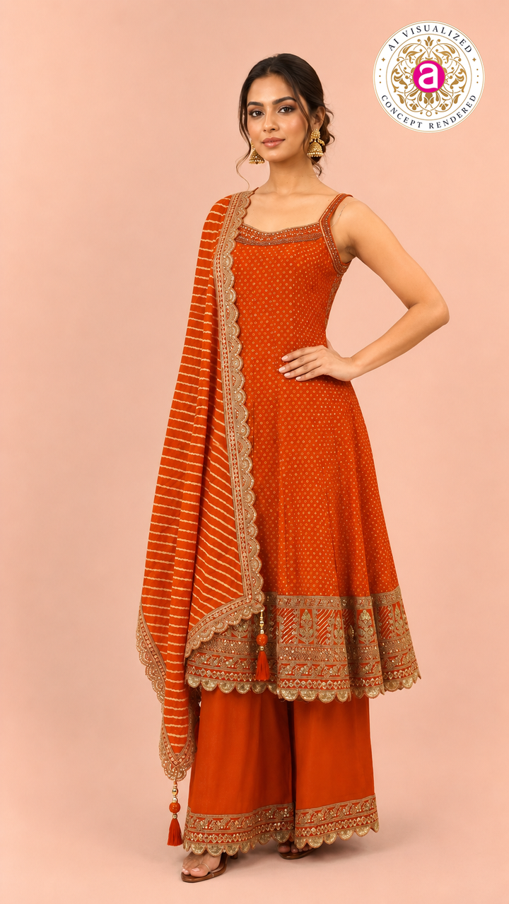 Orange Gotta Patti Work Kurta Palazzo Set with Leheriya Dupatta