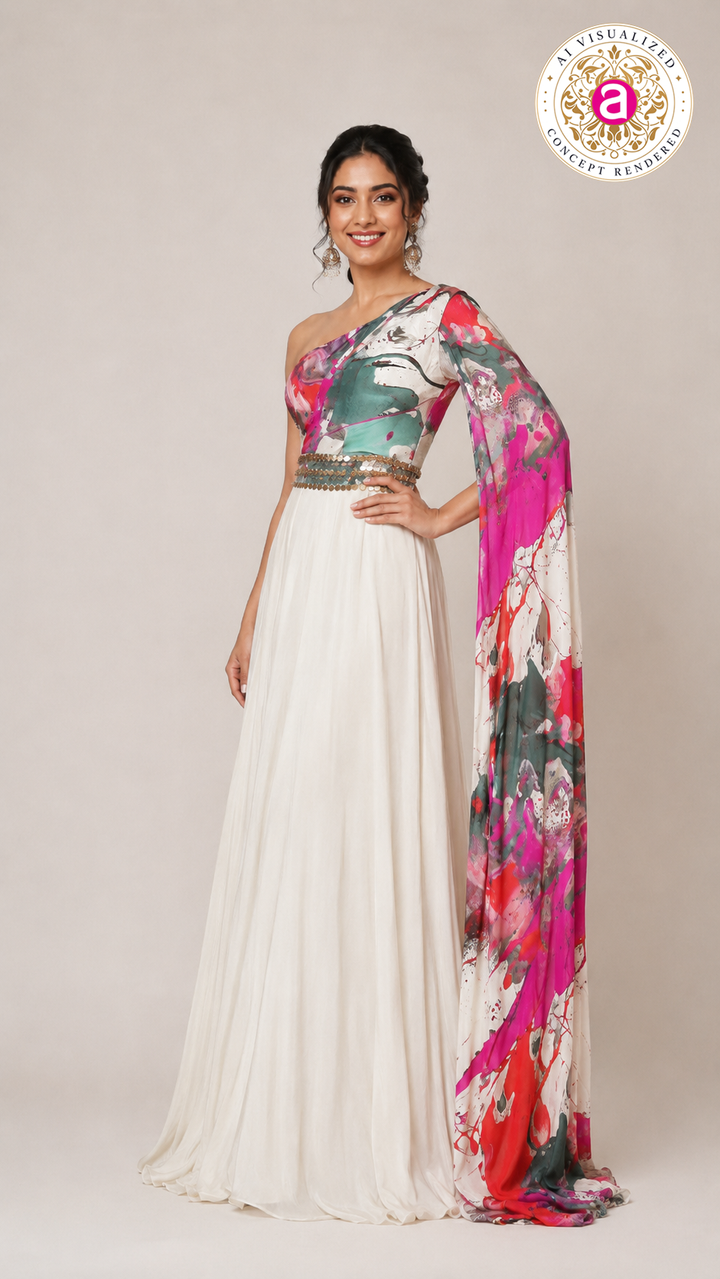 Ivory Printed One-Shoulder Indo-Western Gown