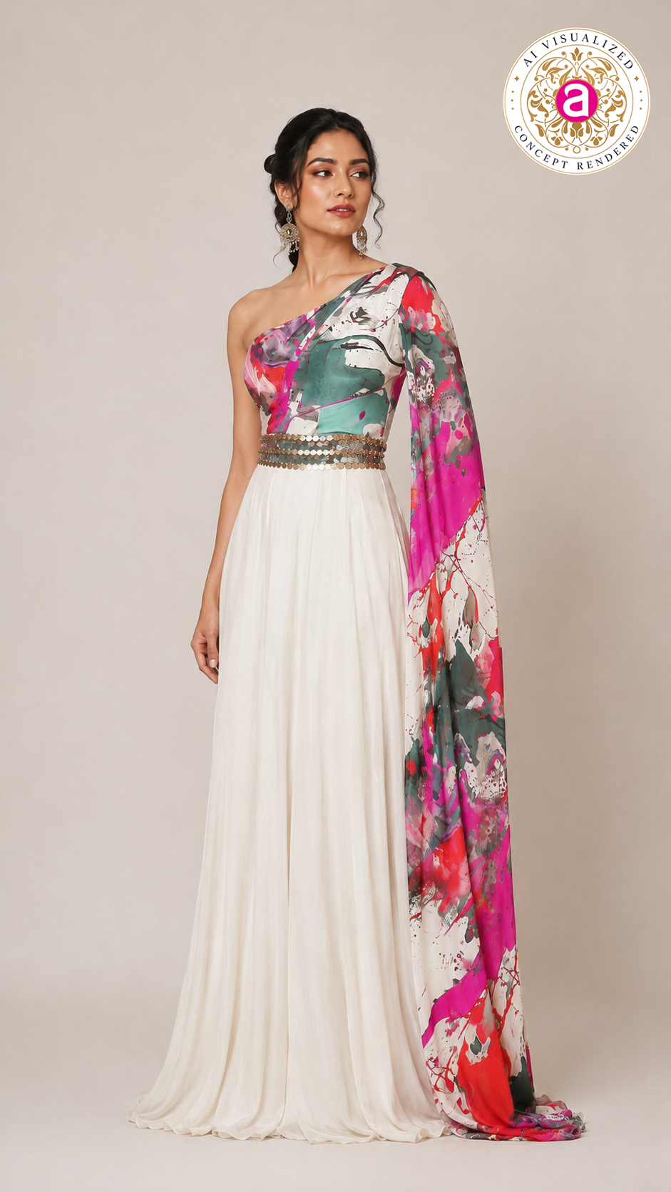 Ivory Printed One-Shoulder Indo-Western Gown
