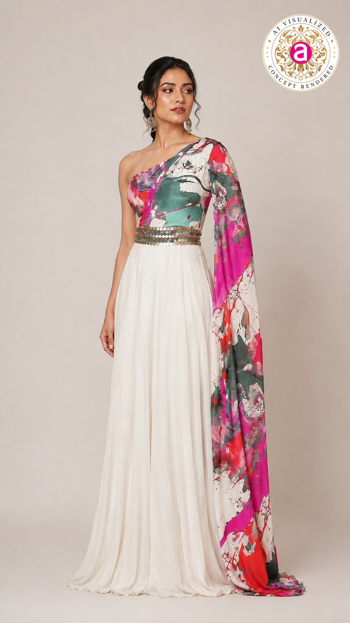 Ivory Printed One-Shoulder Indo-Western Gown