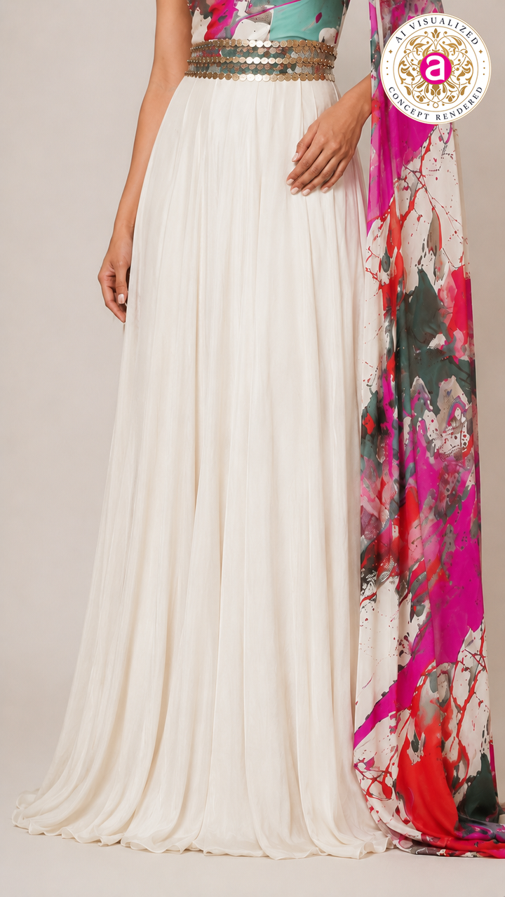 Ivory Printed One-Shoulder Indo-Western Gown