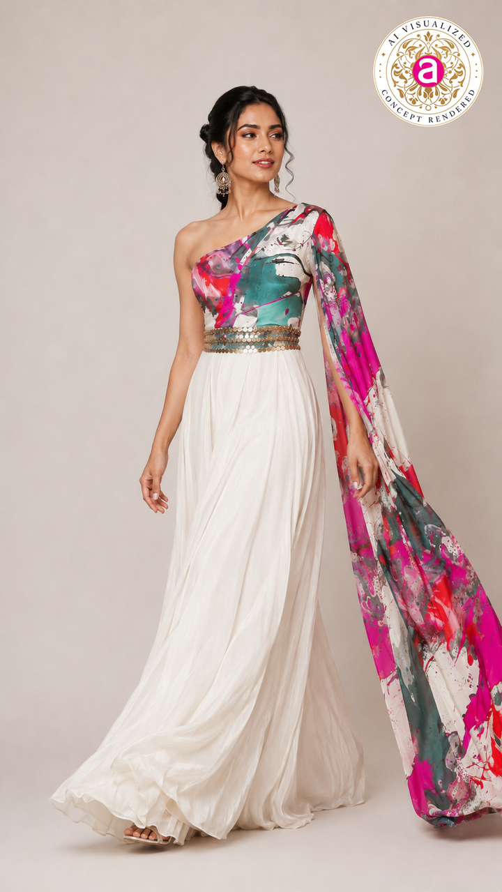 Ivory Printed One-Shoulder Indo-Western Gown