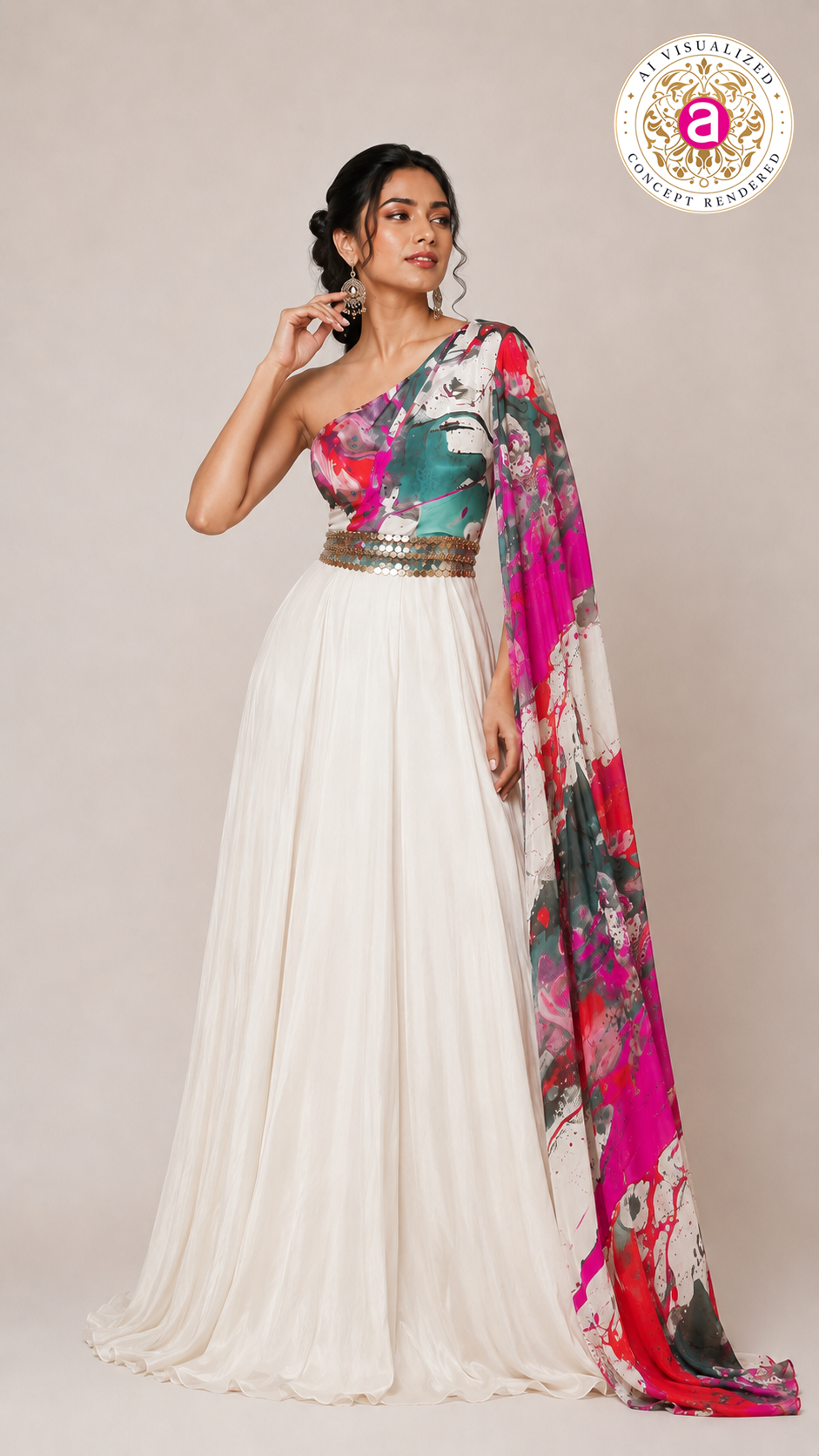 Ivory Printed One-Shoulder Indo-Western Gown