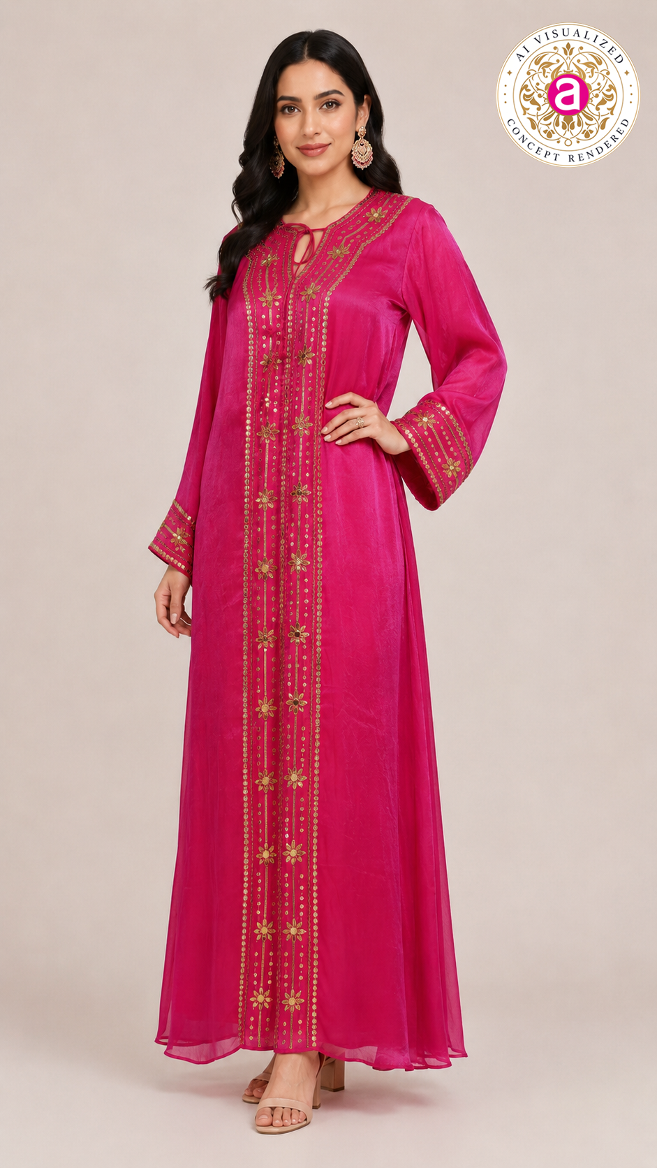 Hot Pink Handworked Sequin Embellished Kaftan Dress