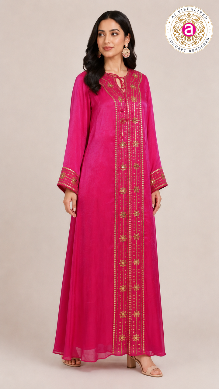 Hot Pink Handworked Sequin Embellished Kaftan Dress