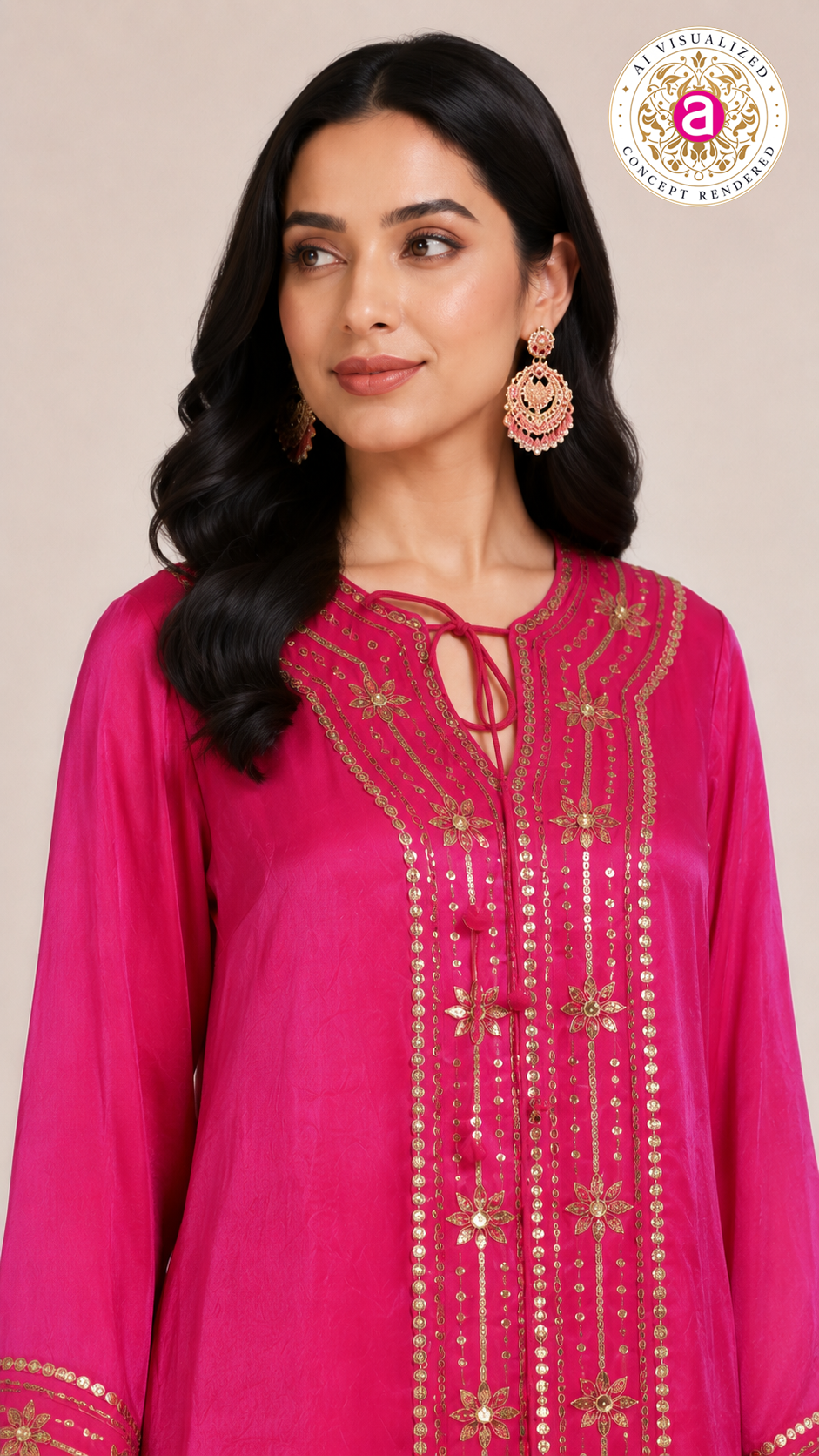 Hot Pink Handworked Sequin Embellished Kaftan Dress