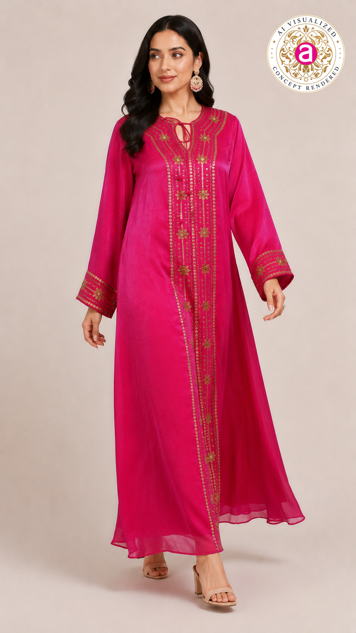Hot Pink Handworked Sequin Embellished Kaftan Dress
