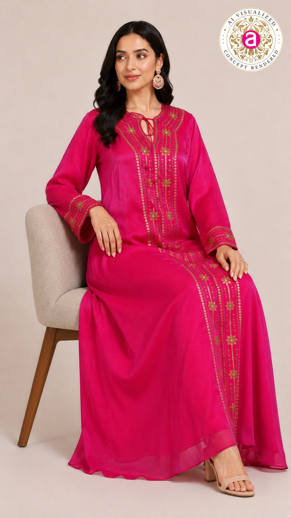 Hot Pink Handworked Sequin Embellished Kaftan Dress