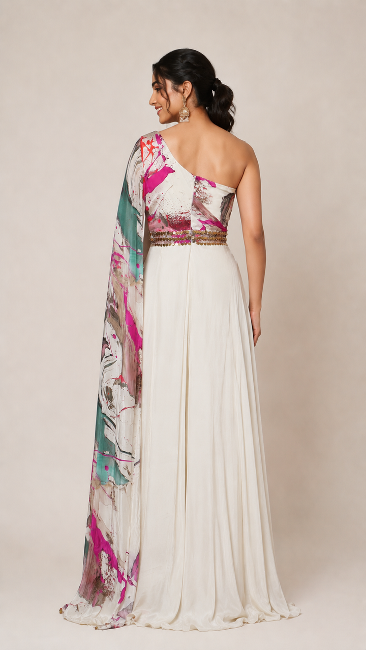 Ivory Printed One-Shoulder Indo-Western Gown