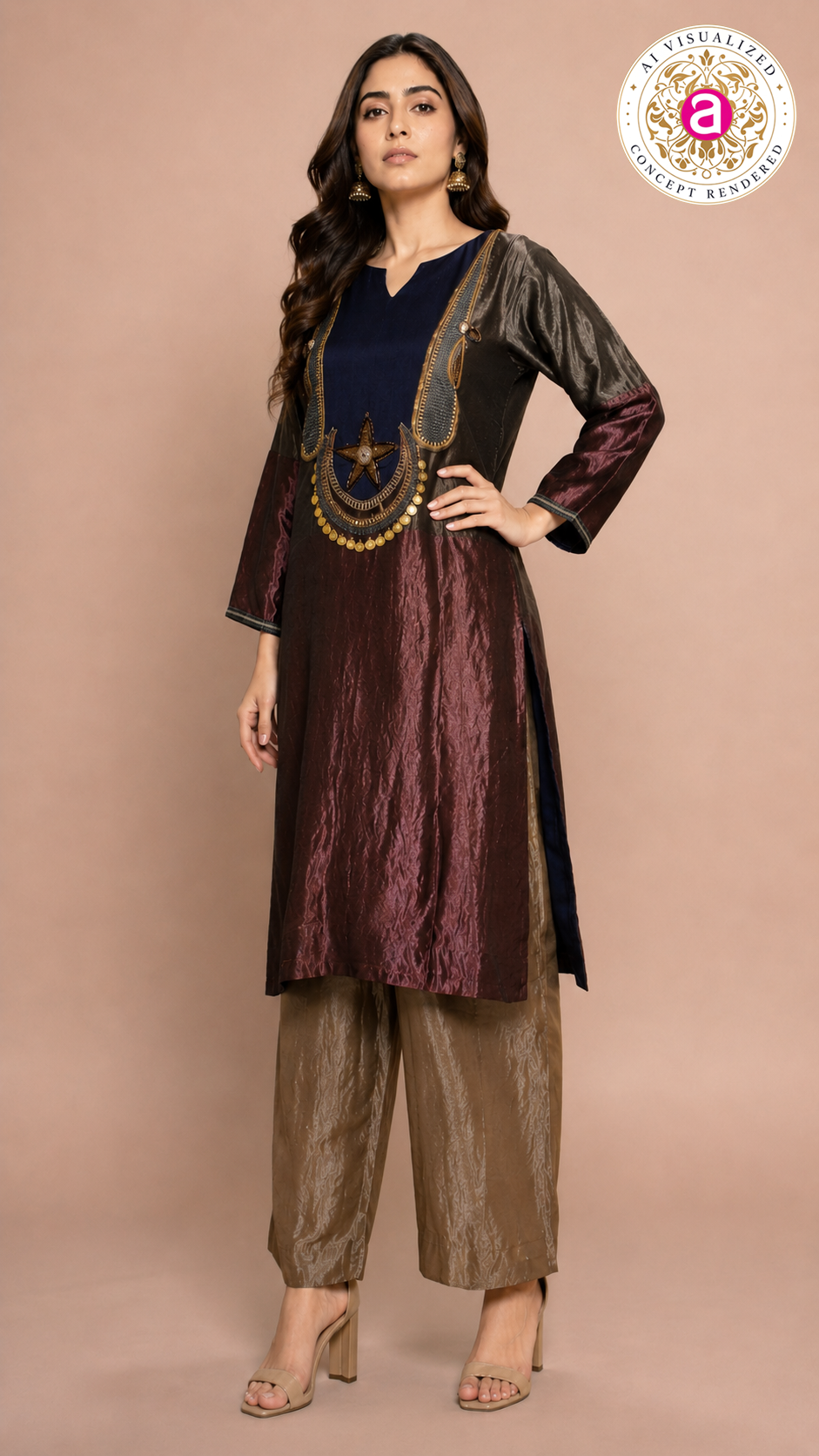 Maroon & Navy Indo-Western Kurta Set with Statement Embellished Yoke