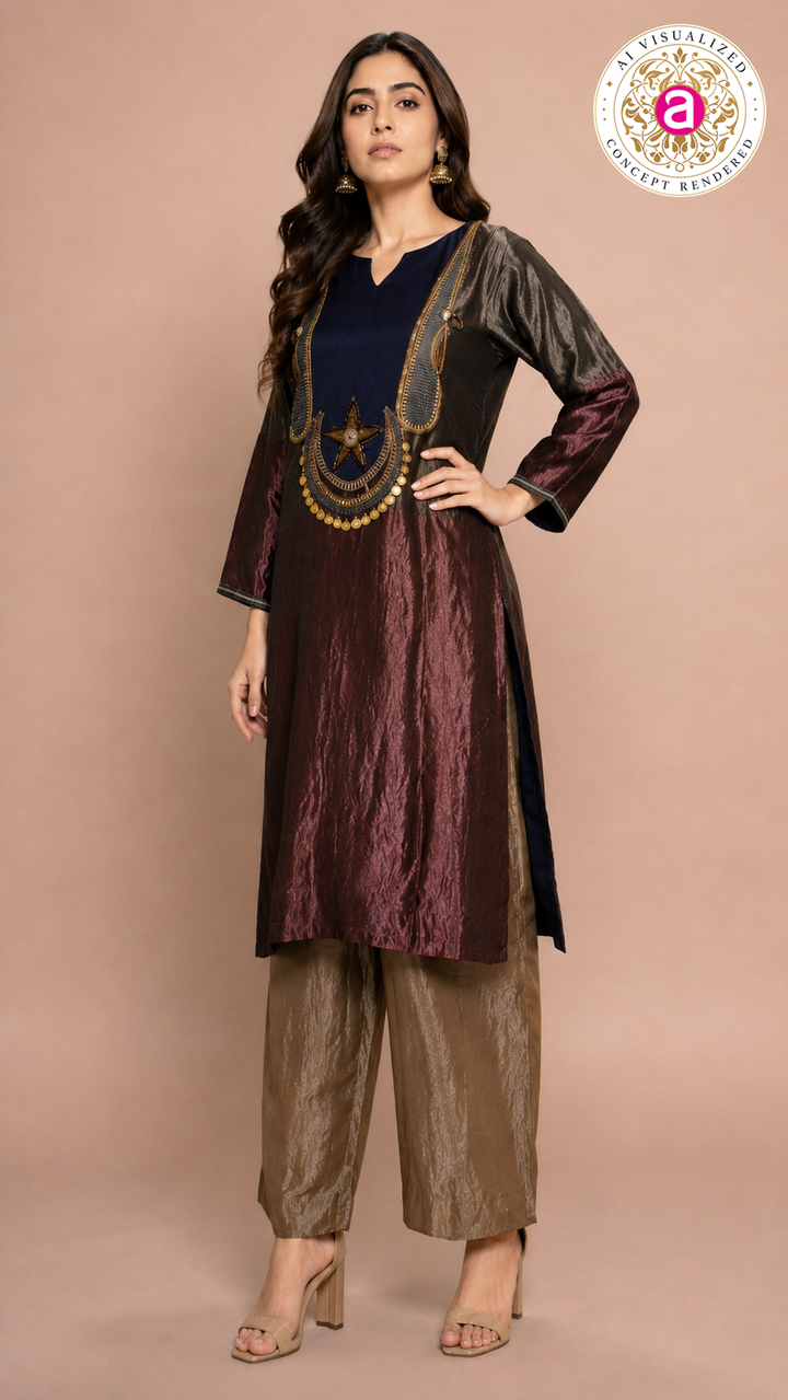 Maroon & Navy Indo-Western Kurta Set with Statement Embellished Yoke