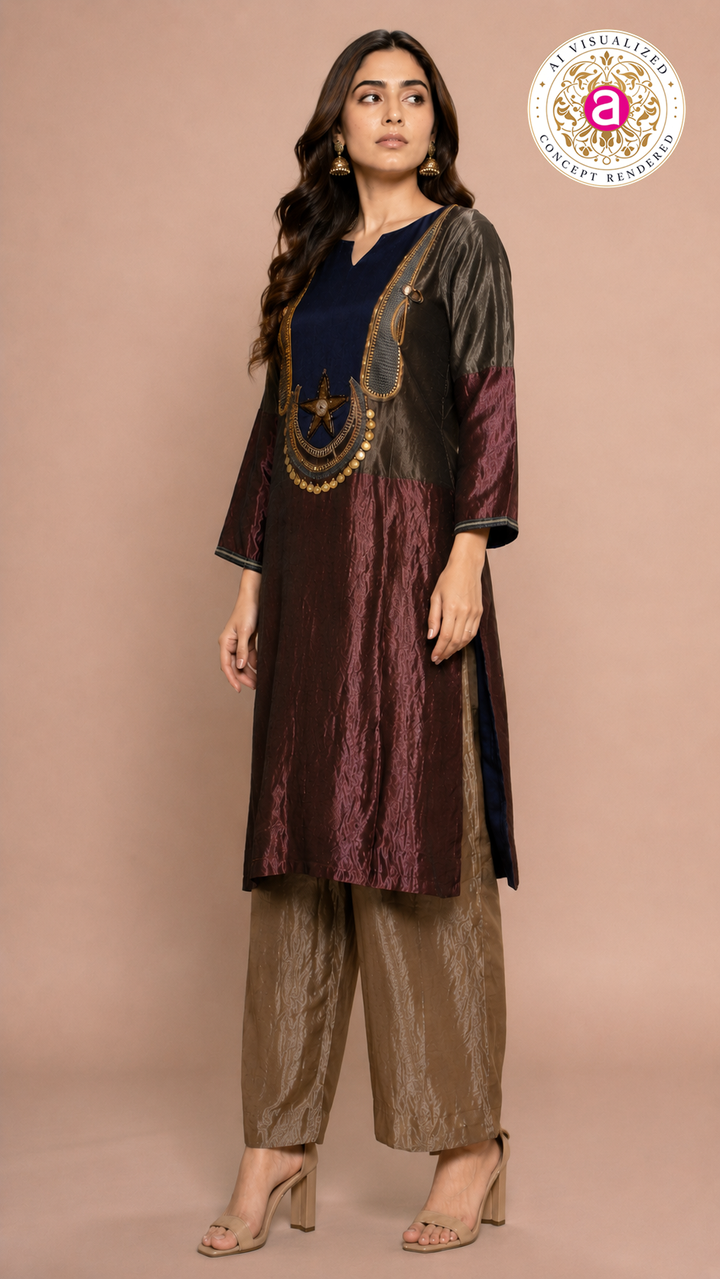 Maroon & Navy Indo-Western Kurta Set with Statement Embellished Yoke