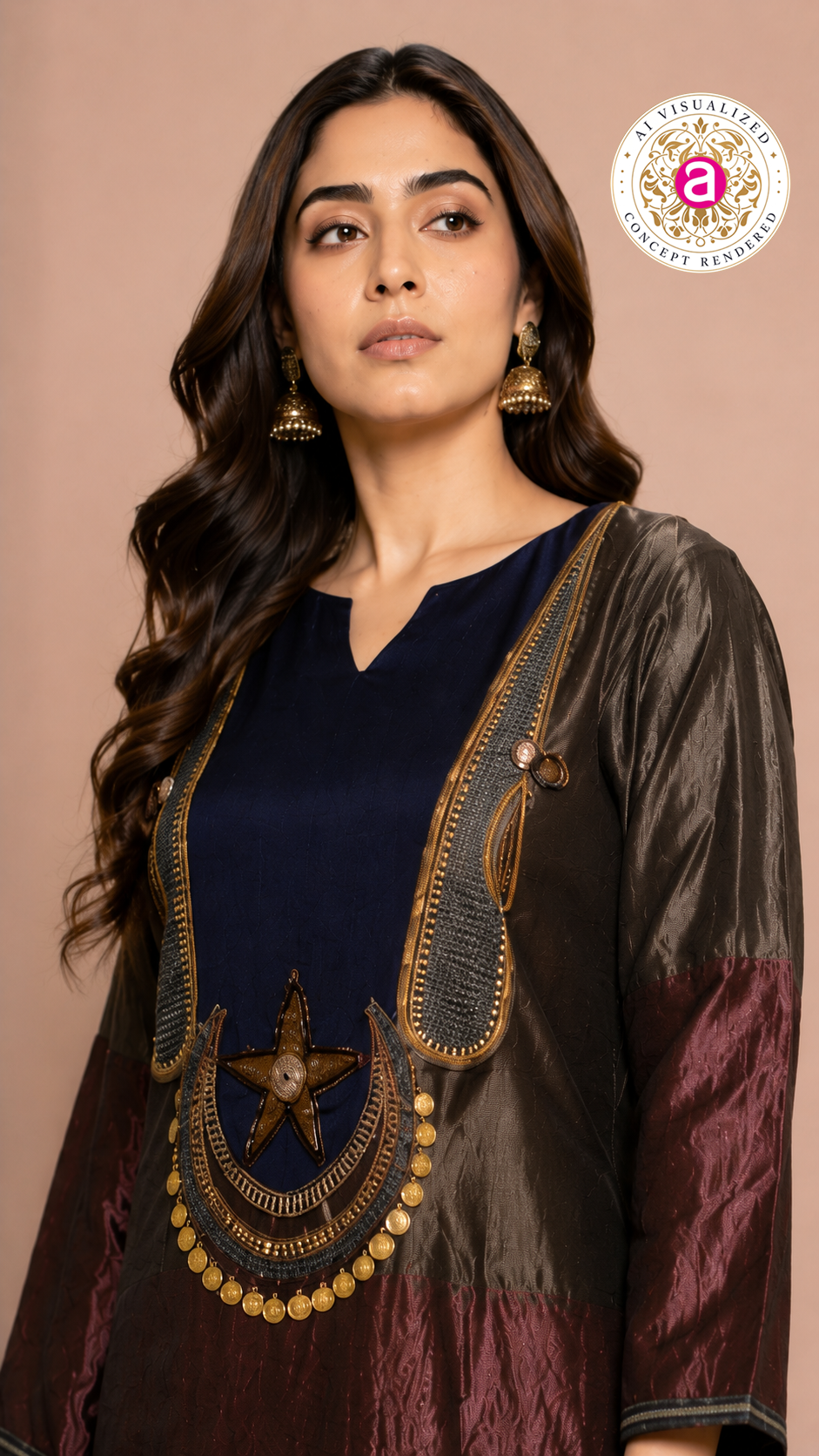 Maroon & Navy Indo-Western Kurta Set with Statement Embellished Yoke