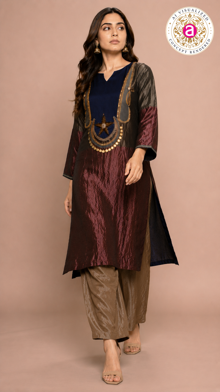 Maroon & Navy Indo-Western Kurta Set with Statement Embellished Yoke