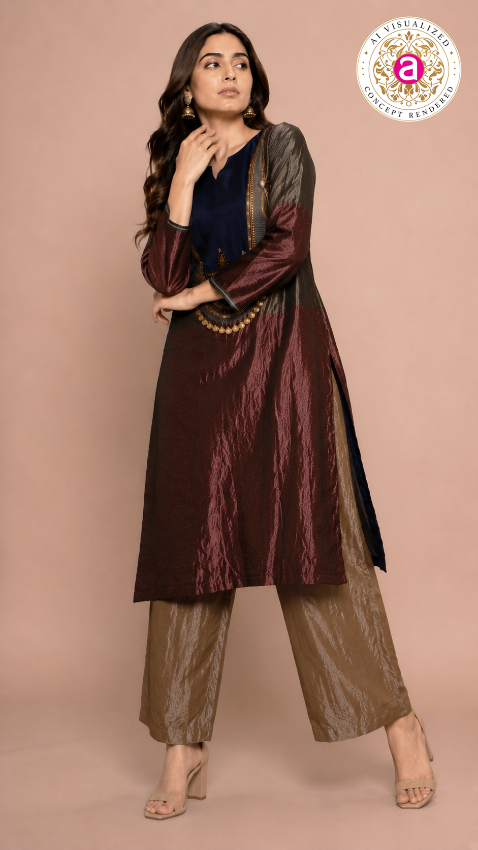 Maroon & Navy Indo-Western Kurta Set with Statement Embellished Yoke