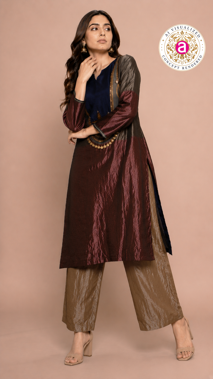 Maroon & Navy Indo-Western Kurta Set with Statement Embellished Yoke