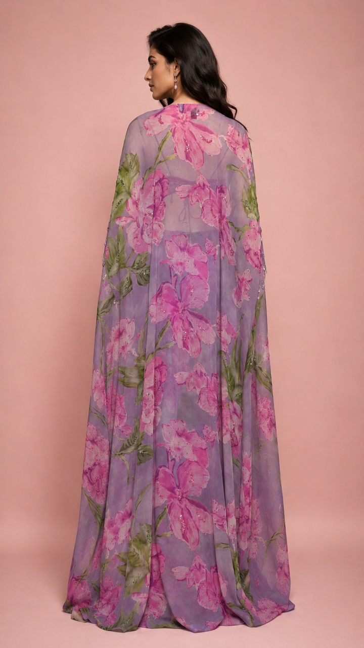 Lilac Floral Printed Cape Lehenga Set