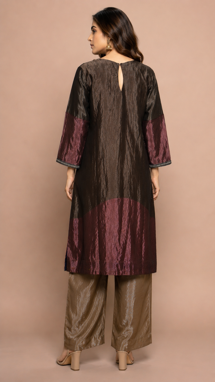 Maroon & Navy Indo-Western Kurta Set with Statement Embellished Yoke