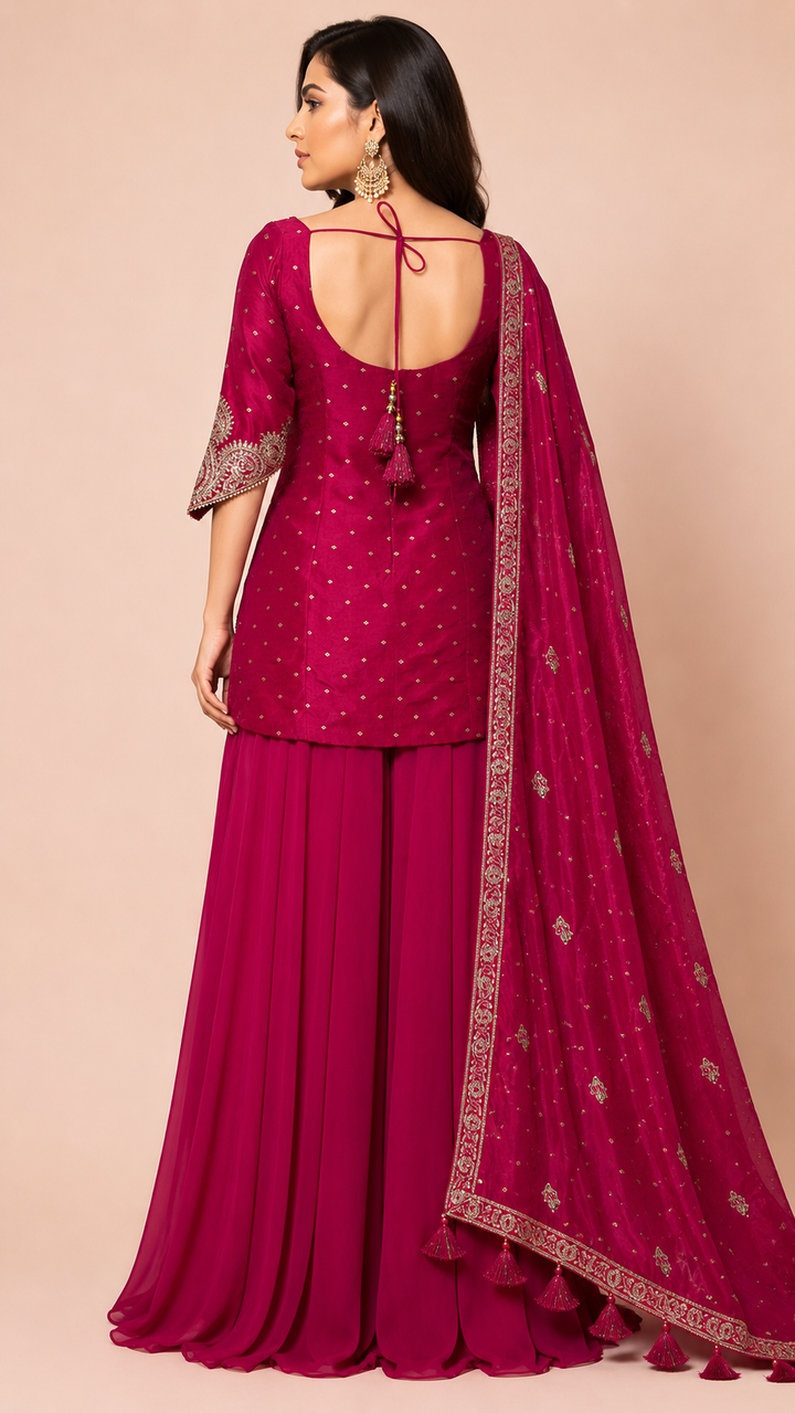 Fuchsia Pink Embroidered Kurta Sharara Set with Dupatta