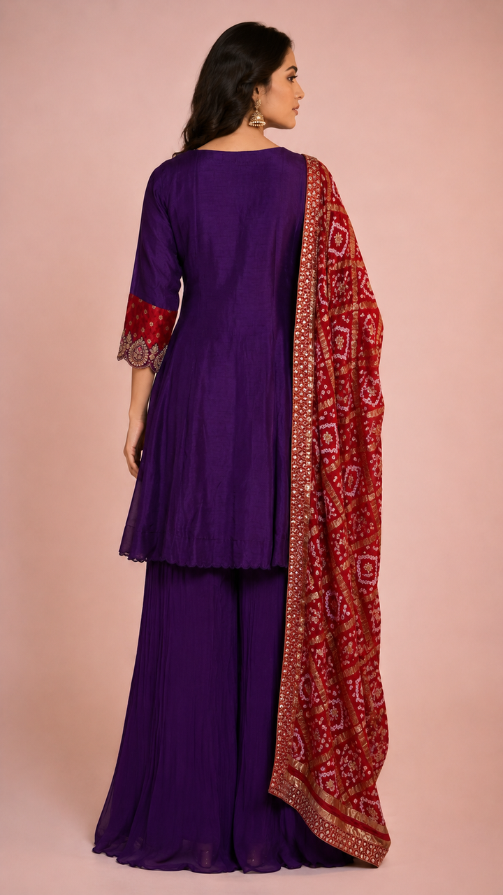 Royal Purple Embroidered Designer Sharara Set with Bandhani Dupatta