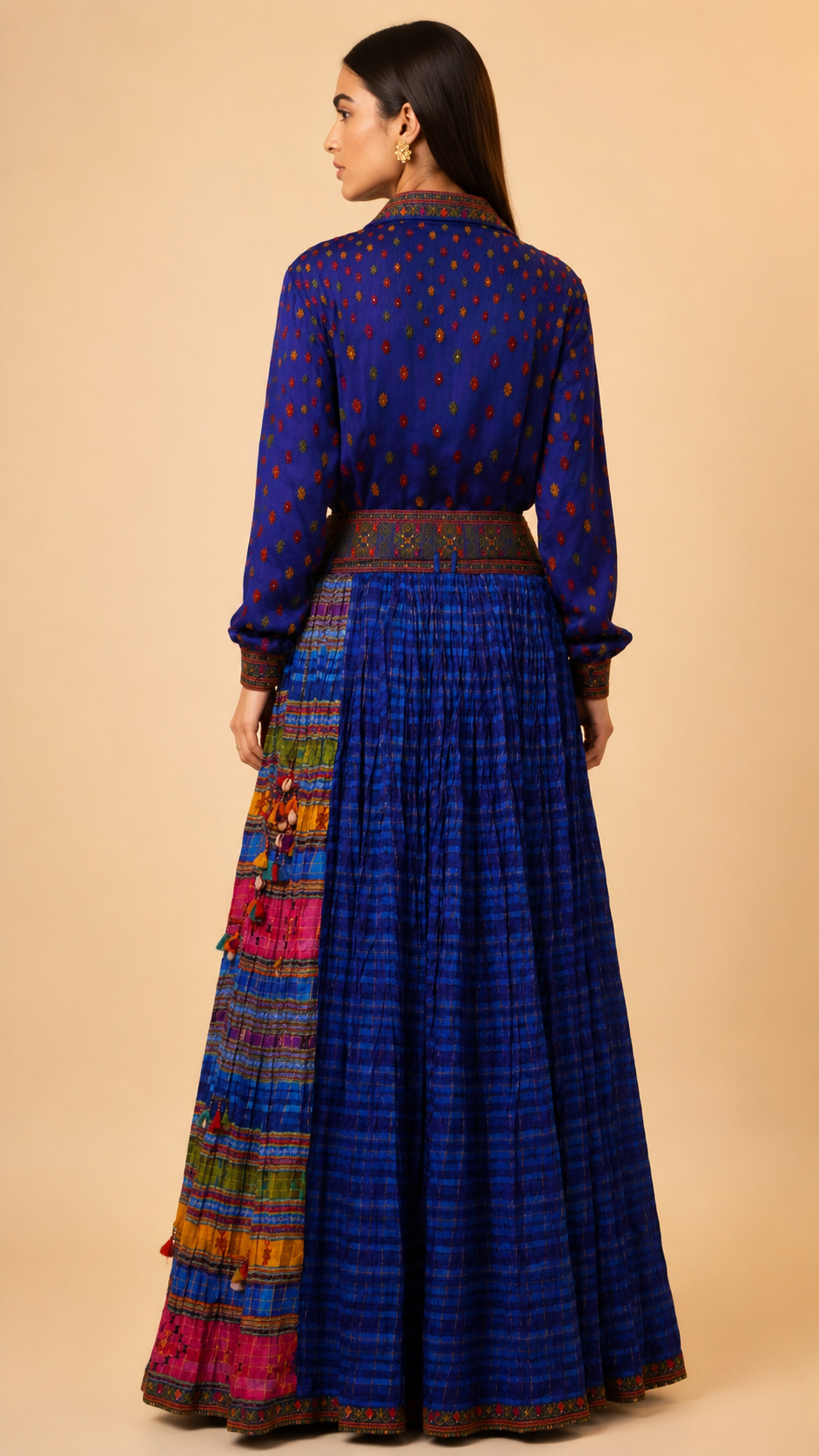 Royal Blue Printed Designer Shirt & Flared Skirt Set