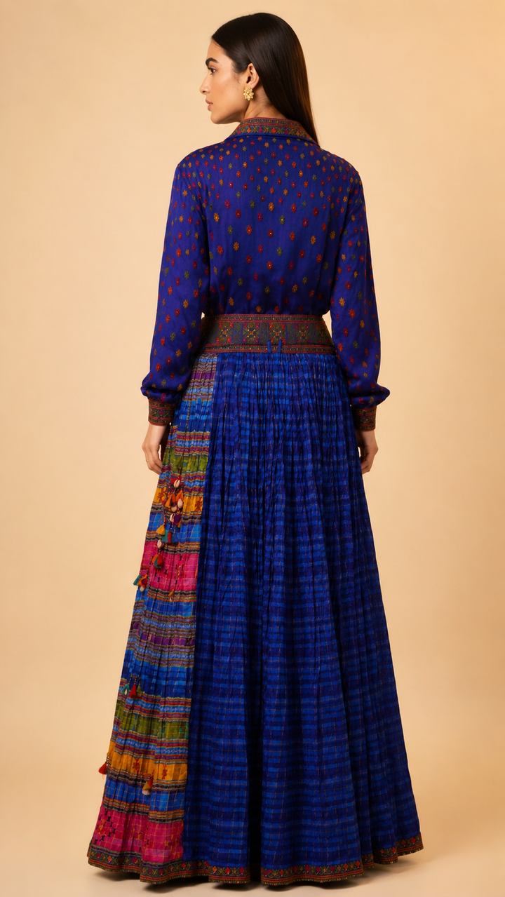 Royal Blue Printed Designer Shirt & Flared Skirt Set