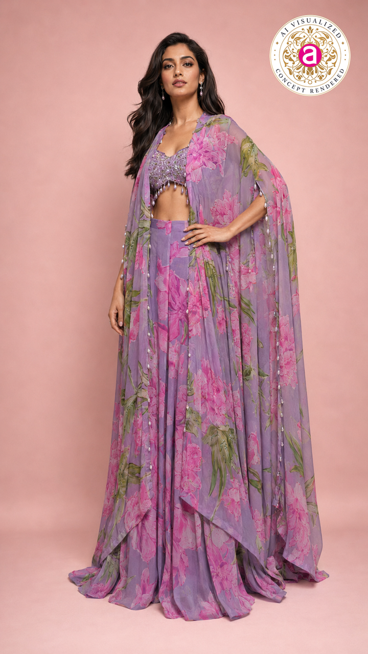 Lilac Floral Printed Cape Lehenga Set