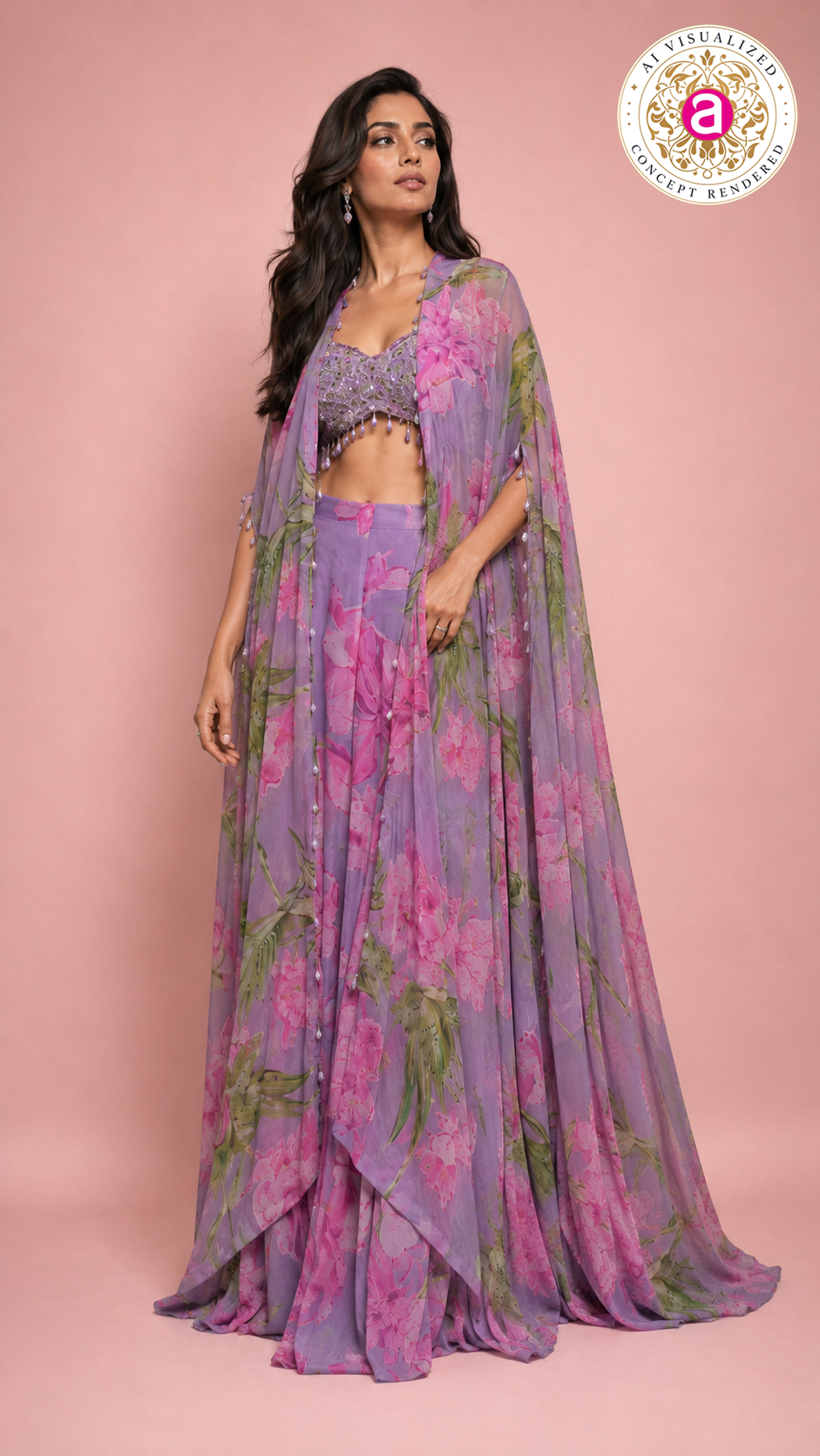 Lilac Floral Printed Cape Lehenga Set