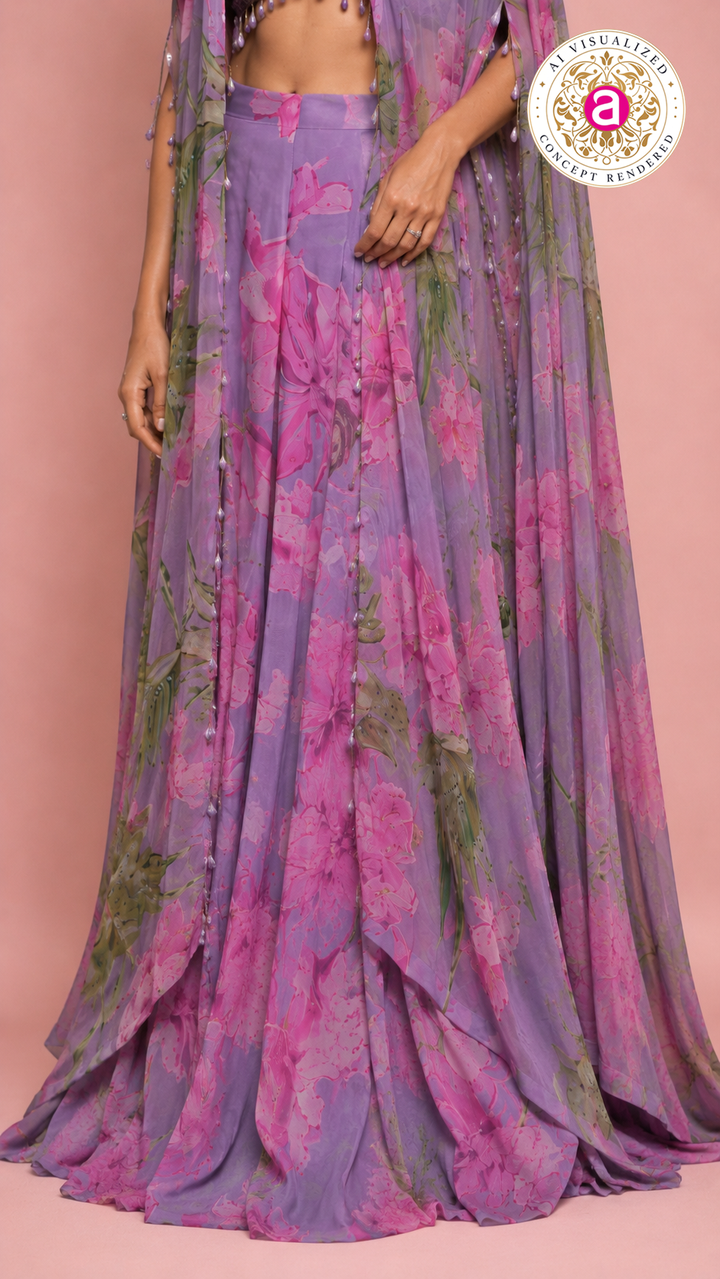 Lilac Floral Printed Cape Lehenga Set
