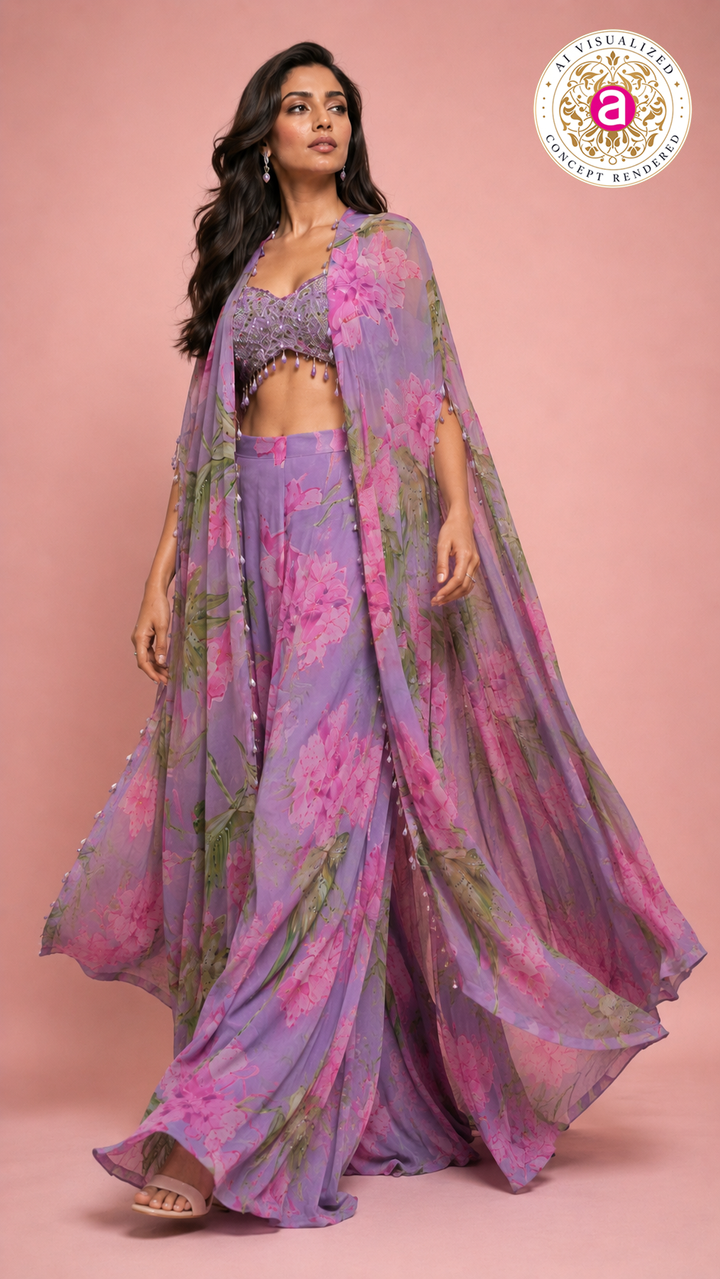 Lilac Floral Printed Cape Lehenga Set