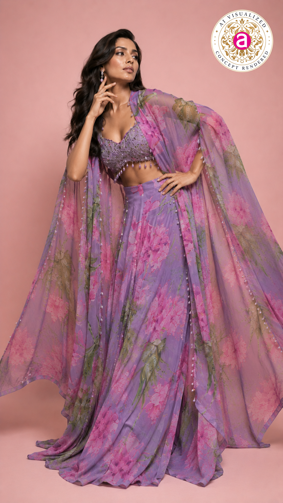 Lilac Floral Printed Cape Lehenga Set